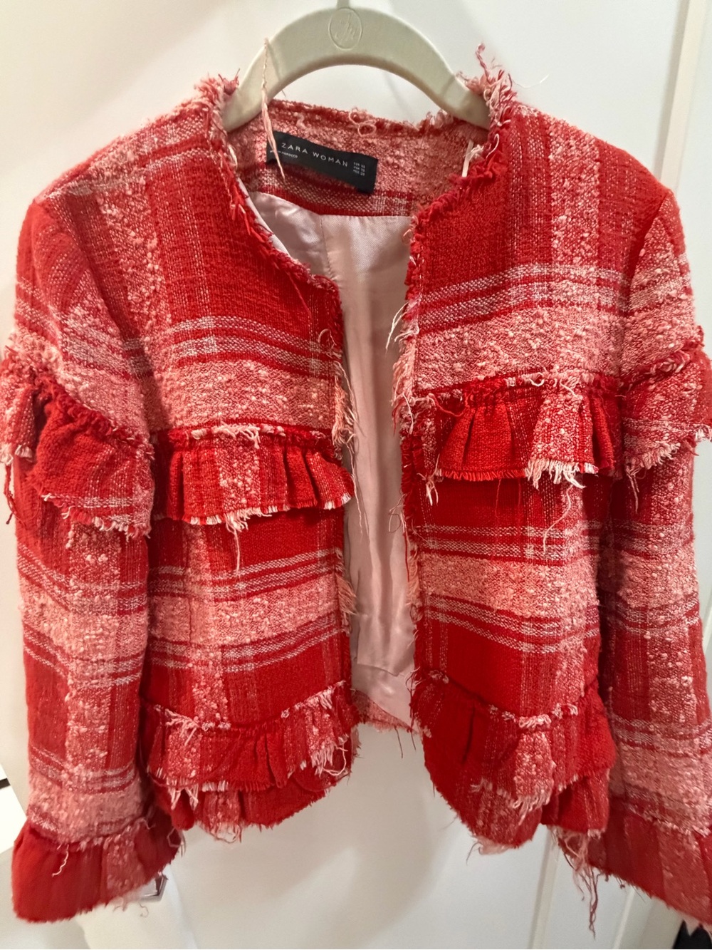 Zara Red Plaid Fringed Cropped Jacket